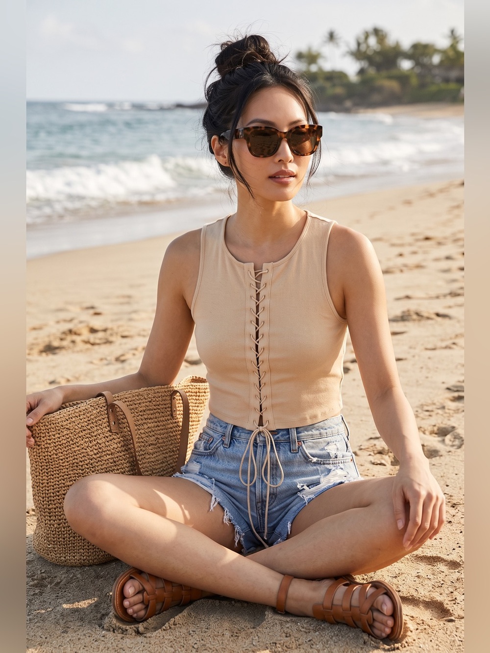 white birch Lace-Up Ribbed Tank Top - Beige